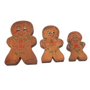 Vintage Wood Gingerbread Man & Woman & Child Hand Painted 9" & 7" & 5"